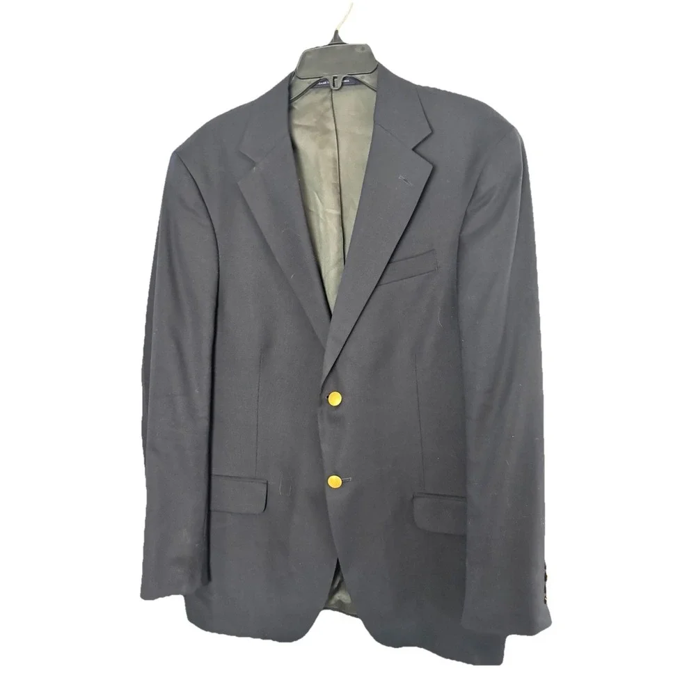 Lands' End 40R Gold Button‎ 100% Wool Blazer Sport Coat Jacket Navy Blue Preppy